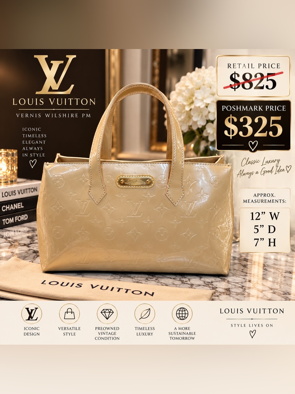 Louis Vuitton Beige Patent Monogram Satchel with Gold Hardware